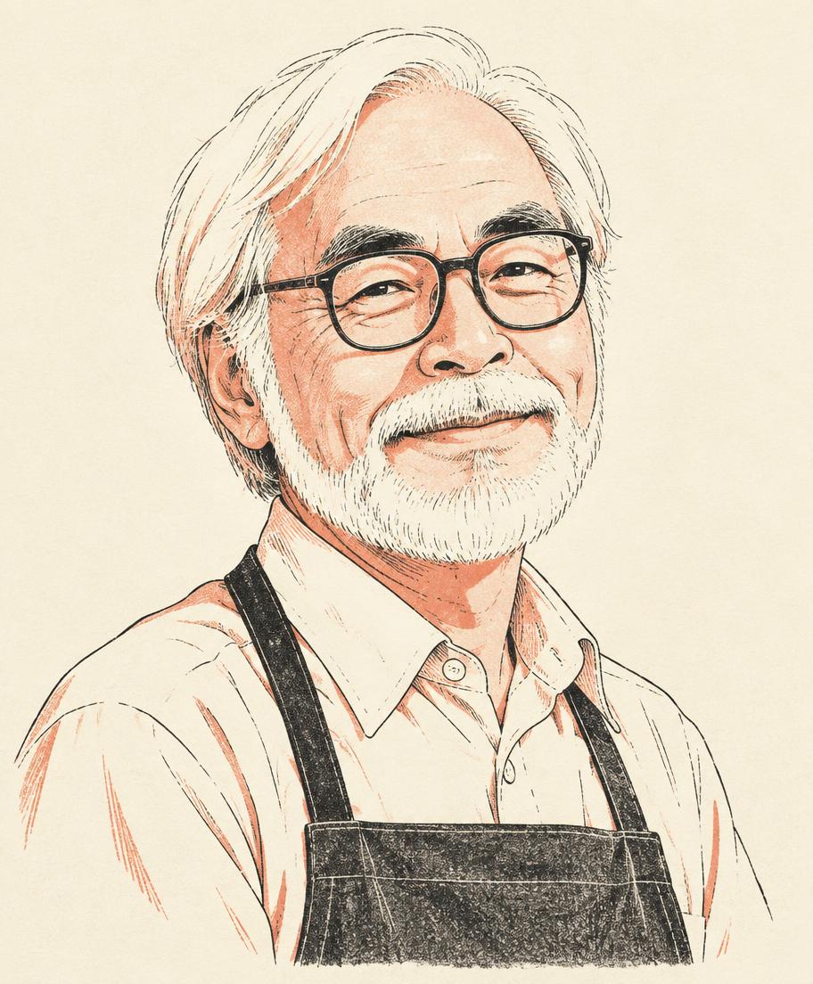 Illustrated portrait of Hayao Miyazaki
